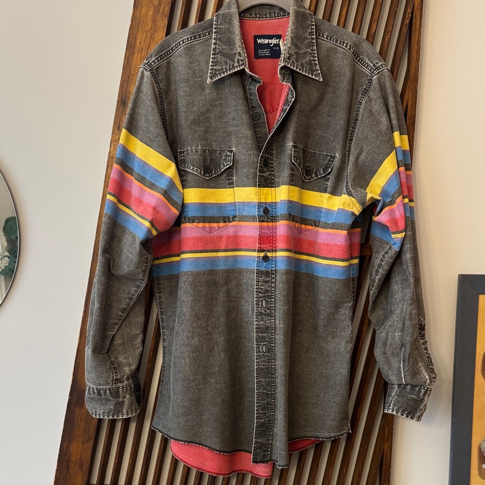 Vintage Wrangler Western Stule Brush Popper Washed Gray Denim Shirt with stripes